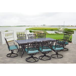 Seasons 9-Piece All-Weather Rectangular Patio Dining Set with Blue Cushions and 8 Swivel Chairs