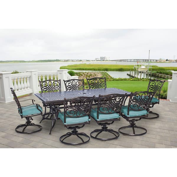 Seasons 9-Piece All-Weather Rectangular Patio Dining Set with Blue Cushions and 8 Swivel Chairs