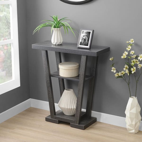 Convenience Concepts Newport 31.5 in. Weathered Gray Rectangle Wood V Console Table with Shelves