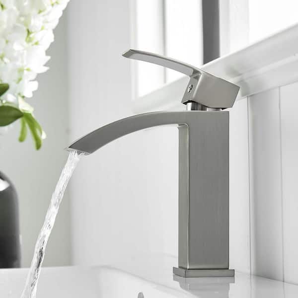 Modern Waterfall Single Handle Single Hole Bathroom Faucet Deck Mount Spot Resistant in Brushed Nickel