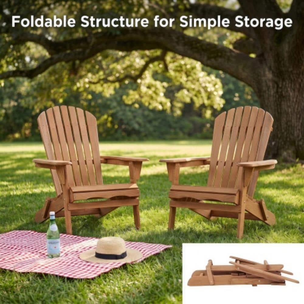 Two wooden folding Adirondack chairs in a park or garden setting.