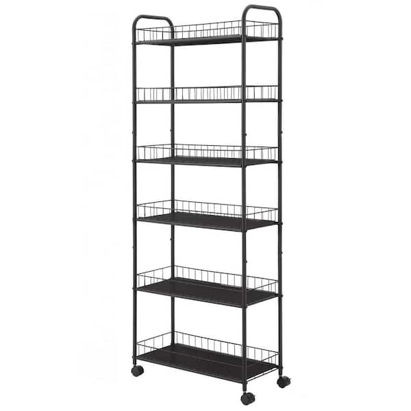 6 Tier Slim Rolling Storage Cart, Mobile Shelving Unit with Wheels&Baskets for Kitchen Bathroom Office Laundry in Black