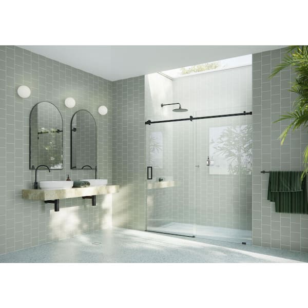 72 in. W x 78 in. H Sliding Frameless Shower Door with Square Hardware in Matte Black finish