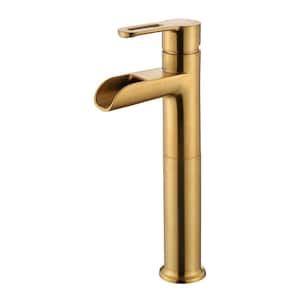Waterfall Single Hole Single Handle Bathroom Vessel Sink Faucet with Drain in Brushed Gold