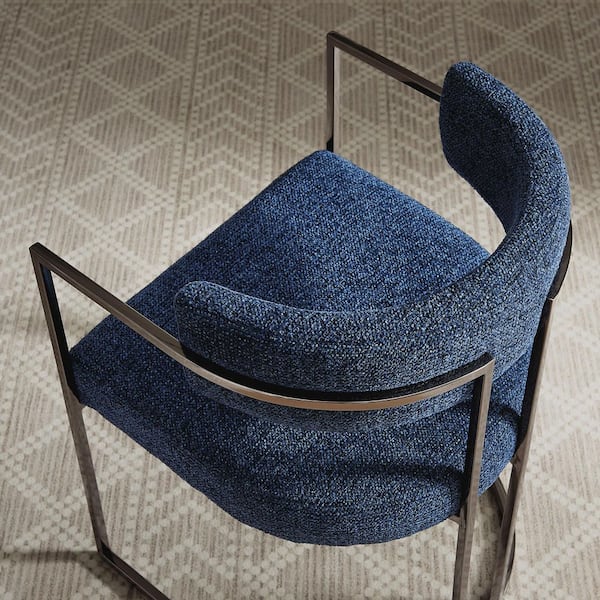 Huron Modern Barrel Dining Chair with Sled Base in Silver Navy - Upholstered Fabric Accent Chair with Open Curved Back