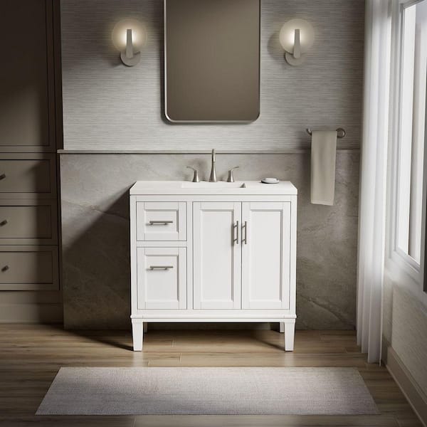 Chesil 36in. Single Sink Freestanding White Bath Vanity with Bianco Bella Quartz Top Assembled
