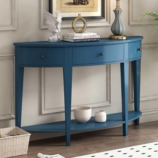 Polibi 51.1 in. Navy Blue Half-Moon Wood Console Table with 3 drawers and 1 Shelf for Hallway, Entryway, Living Room
