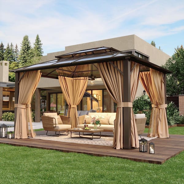 13 ft. x 10 ft. Outdoor Double Polycarbonate Roof Gazebo with Aluminum Frame, Hooks, Curtains and Netting for Patio