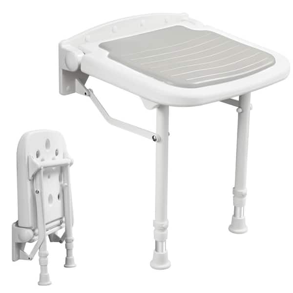 Wall Mounted Folding Aluminium Shower Seat, Adjustable Height Fold Up Shower Bench in Gray and White