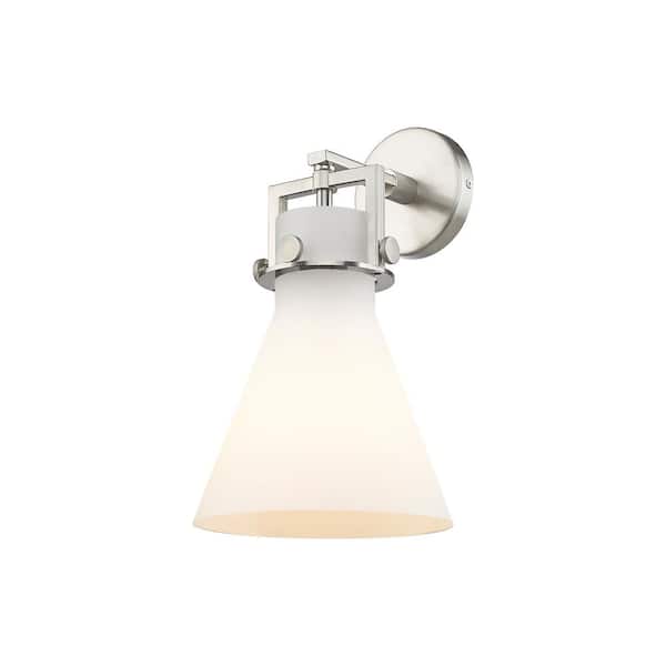 Innovations Newton Cone 1-Light Satin Nickel Wall Sconce with White Glass Shade