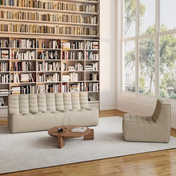Armless 2-Piece Linen Modular Sectional Sofa 82 in. 3-Seater Fireside Lazy Floor Sofa Couch with Accent Chair in Khaki