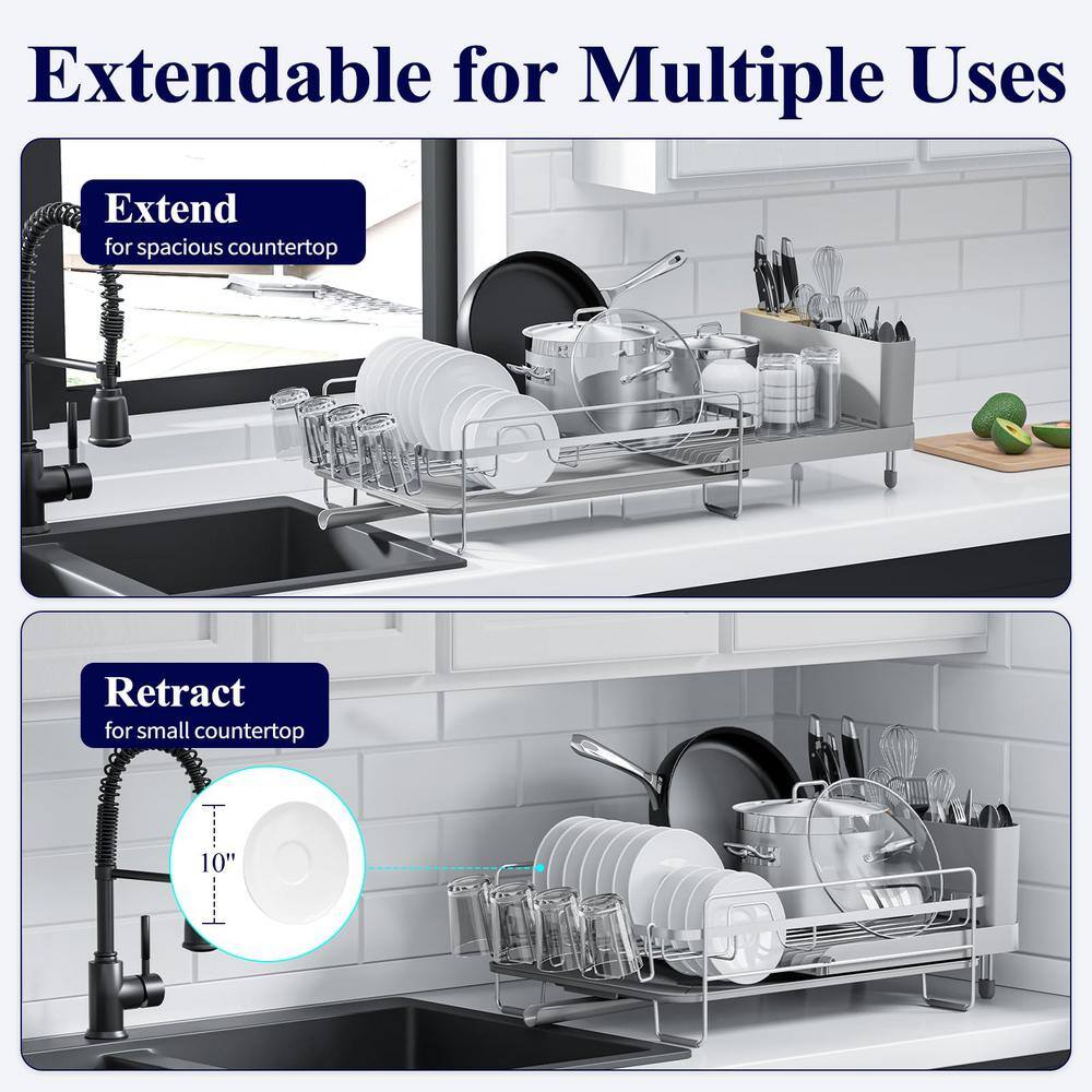 Silver Stainless Steel Expandable Dish Drying Rack with Utensil Cup