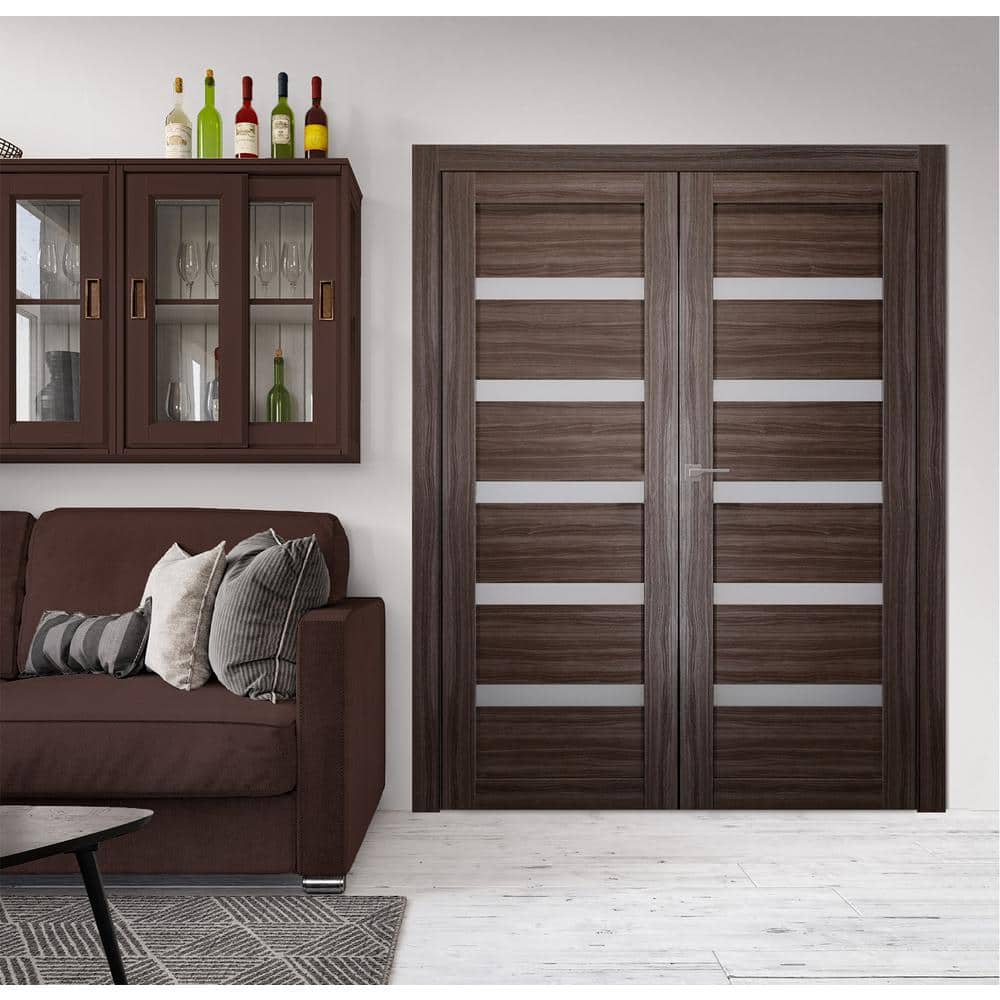 Gray Oak and Frosted Glass Double Prehung Interior Door