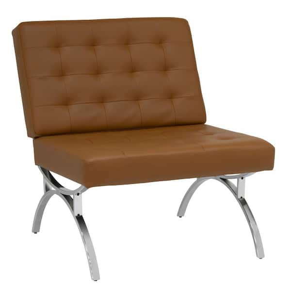 Studio Designs Home Newel Modern Accent Chair Blended Leather and Chrome Metal Frame in Chrome/Caramel Brown