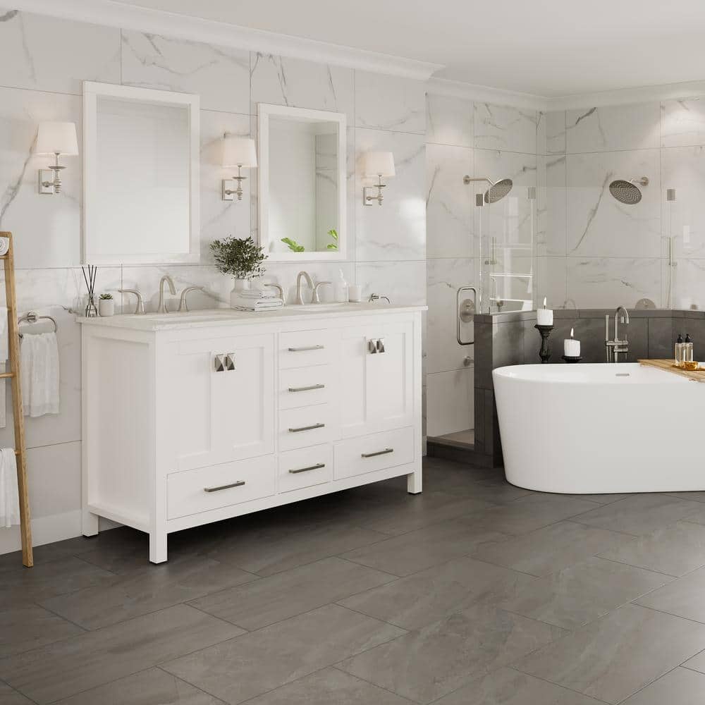 Aberdeen White Double Sink Bathroom Vanity with Carrara Quartz Top