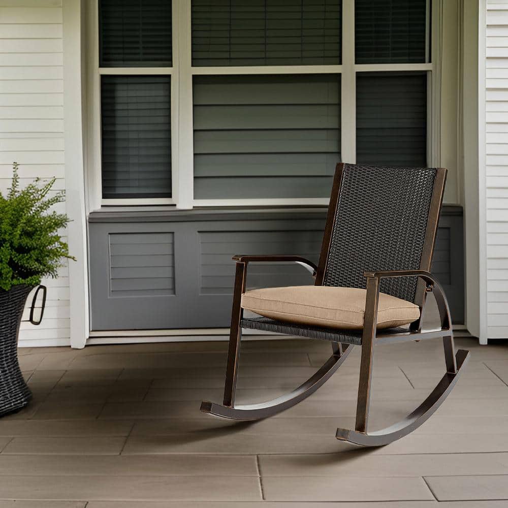 Beige Aluminum Wicker Back Rocking Chair with Cushions