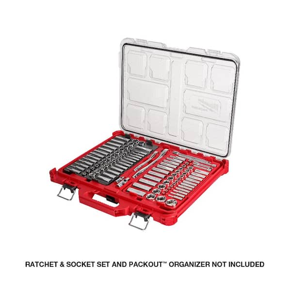 Milwaukee - 1/4 in. and 3/8 in. Drive Ratchet/Socket Trays w/1/4 in. Drive SAE/Metric Ratchet/Socket Mechanics Tool Set (53-Piece)