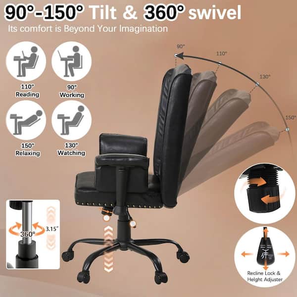 Ergonomic Leather Office Chair Adjustable Swivel Desk Chair with Armrests and Lumbar Support, Black