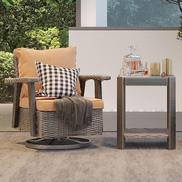 2-Piece Wicker Outdoor Bistro Set, Patio Swivel Chair with Tan Cushions and Coffee Side Table, Steel Frame Furniture Set
