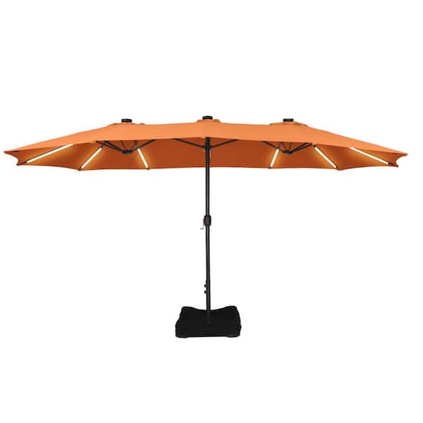Clihome 15 ft. Outdoor Rectangular Crank Market Umbrella Patio Umbrella in Orange with Solar Detachable Lights and Base