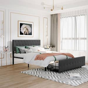 Queen Size Gray Metal Platform Bed with a Big Drawer
