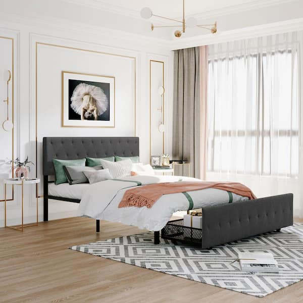Qualler Queen Size Gray Metal Platform Bed with a Big Drawer
