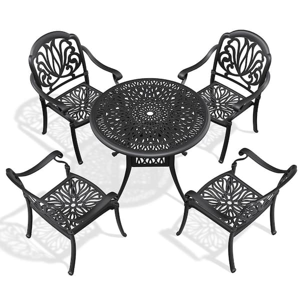 BTMWAY 5-Piece Cast Aluminum Patio Furniture Set Outdoor Dining Set with Random Color Cushions and Umbrella Hole