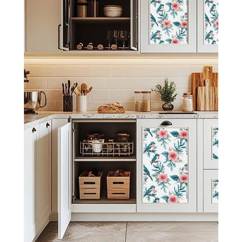 Seagreen and Pink Floral Bird 4x4 Vinyl Tile Stickers