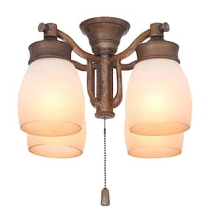 4-Light Aged Bronze Ceiling Fan Fixture with Tea Stain Glass