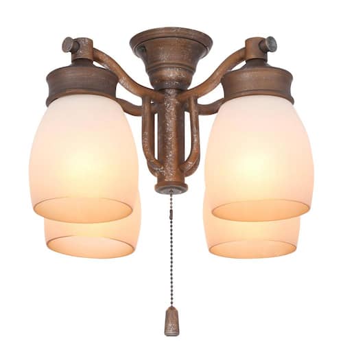 4-Light Aged Bronze Ceiling Fan Fixture with Tea Stain Glass Lighting