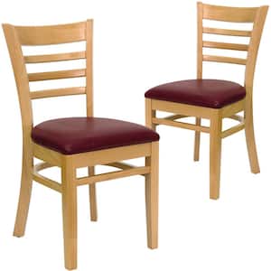 Burgundy Vinyl Seat/Natural Wood Frame Restaurant Chairs (Set of 2)