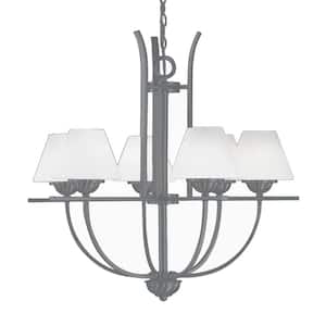 Philippi Collection 6-Light Antique Silver Chandelier with Etched White Cased Glass Empire Shades