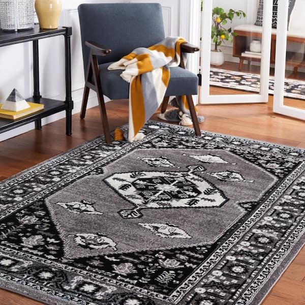 Vintage Hamadan 9 ft. x 12 ft. Gray/Black Medallion Ornate Border Area Rug