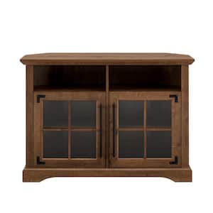 44 in. Natural Walnut Wood and Glass Transitional Farmhouse Window Pane Door Corner TV Stand Fits TVs up to 50 in.
