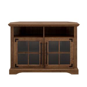 44 in. Natural Walnut Wood and Glass Transitional Farmhouse Window Pane Door Corner TV Stand Fits TVs up to 50 in.