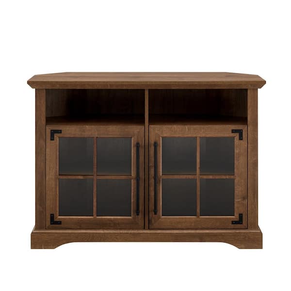 Welwick Designs 44 in. Natural Walnut Wood and Glass Transitional Farmhouse Window Pane Door Corner TV Stand Fits TVs up to 50 in.