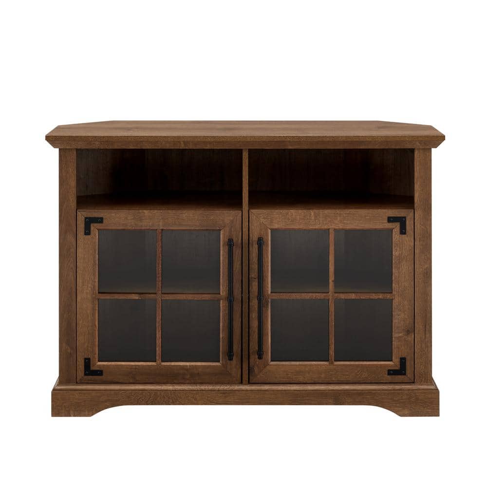 Welwick Designs 44 in. Natural Walnut Wood and Glass Transitional Farmhouse Window Pane Door Corner TV Stand Fits TVs up to 50 in. - 1