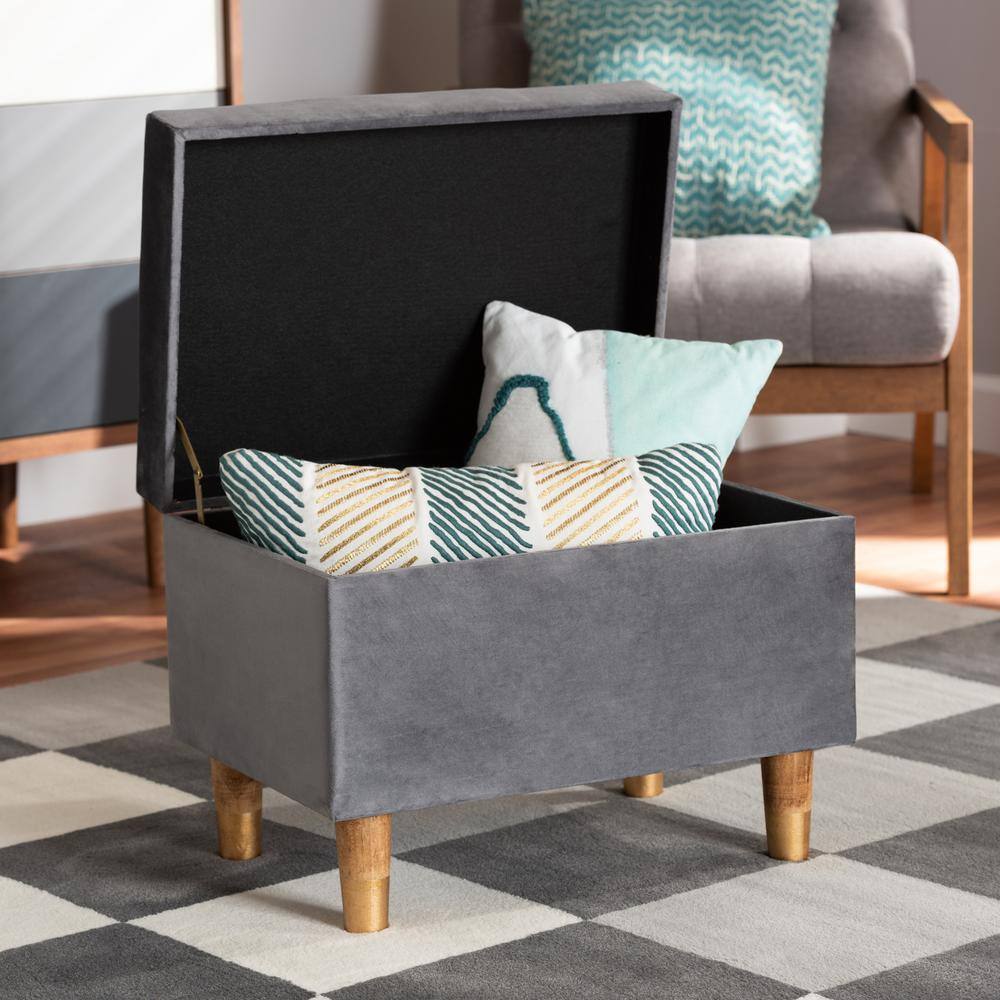 Elias Grey Velvet Upholstered Storage Ottoman with Oak Legs