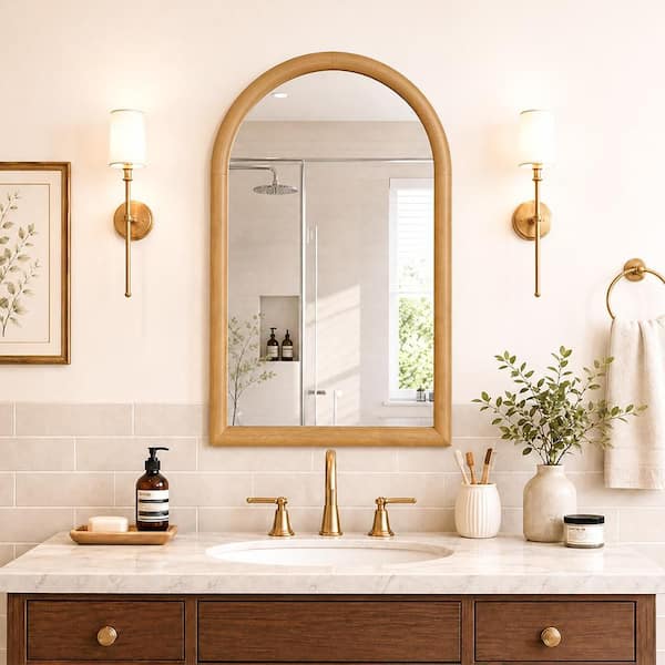 Natural Wood 24 in. W x 36 in. H Arched Solid Wood Framed Rustic Farmhouse Decor Vanity Wall Mirror