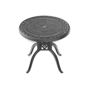 31.50 in. Round Cast Aluminum Outdoor Dining Table with Umbrella Hole in Black for Patio, Balcony, Lawn and Backyard