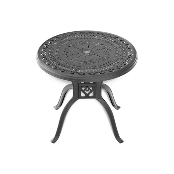 Misopily 31.50 in. Round Cast Aluminum Outdoor Dining Table with Umbrella Hole in Black for Patio, Balcony, Lawn and Backyard