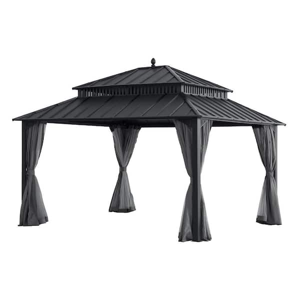 14 ft. x 12 ft. Kingston Aluminum Frame Steel Double Roof Hardtop Rectangular Gazebo with Curtain and Netting, Grey