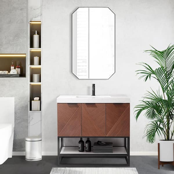 ROSWELL Mahon 36 in. W x 22 in. D x 33.9 in. H Single Sink Bath Vanity in Walnut with White Grain Composite Stone Top