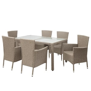 7-Piece Wicker Outdoor Dining Set Patio Dinning Table Beige-Brown Wicker Furniture Seating Beige Cushions