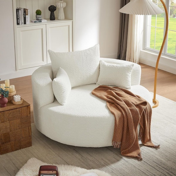 Beige 360° Swivel Chenille Accent Barrel Chair with 3 Removable Pillows, Round Sofa Chair