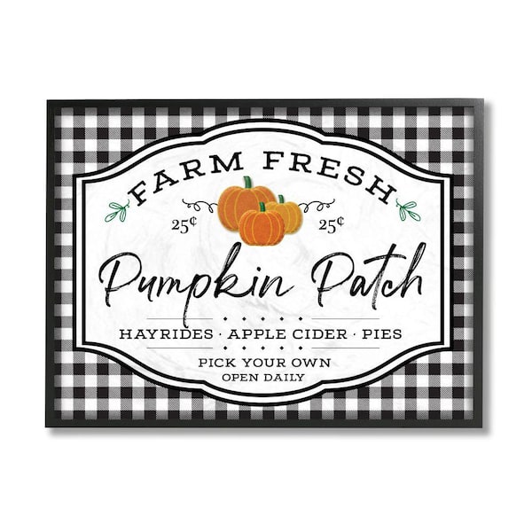 Stupell Industries "Farm Fresh Pumpkin Patch Sign Black Checkered Plaid" by AE Design Framed Nature Texturized Art Print 16 in. x 20 in.