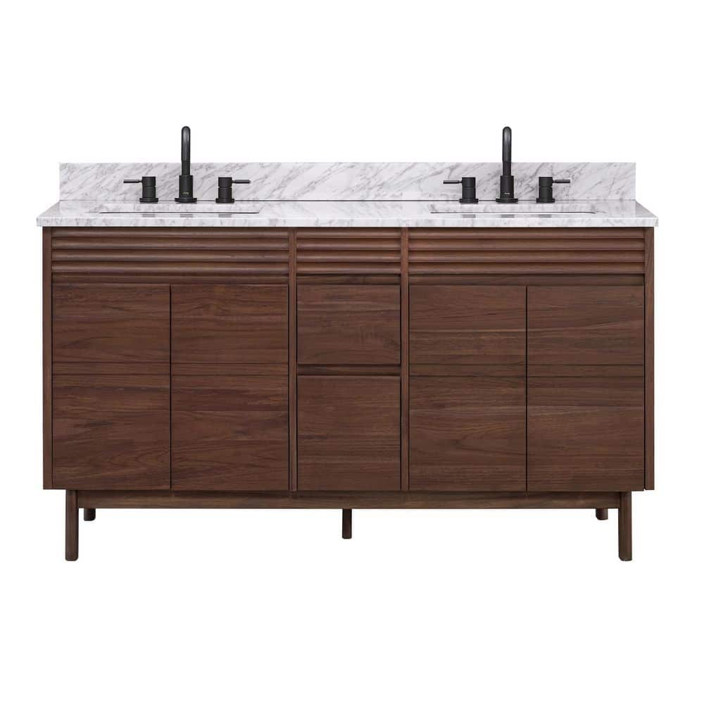 Carina 61 in. Double Sink Coffee Teak Bath Vanity with Carrara White Marble Top price history on PriceWatchPro