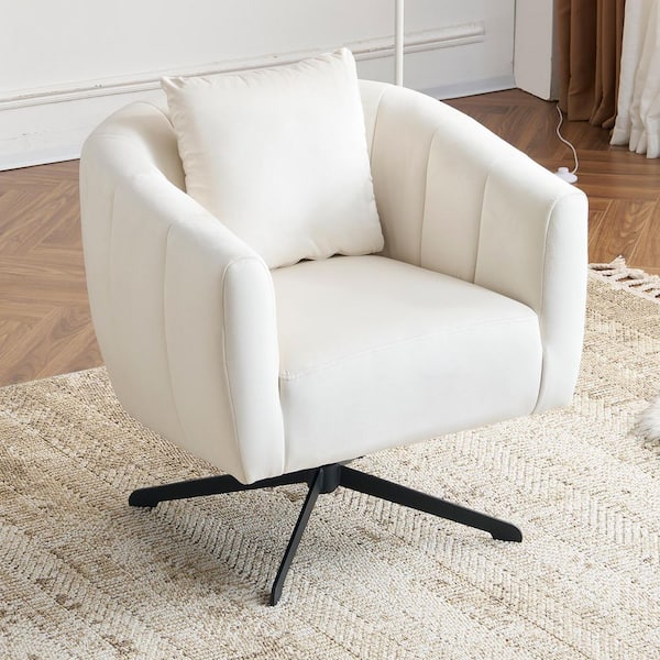 White Velvet Swivel Accent Chair with Pillow