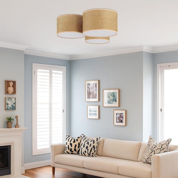 23.6 in. 3-Light Boho Style Black Hand-Woven Drum Flush Mount