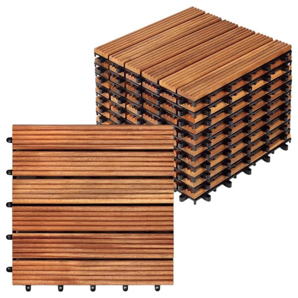 Afoxsos 1 ft. x 1 ft. Acacia Wood Brown Straight Groove Oiled Finish Waterproof Interlocking Deck Tiles-(10-Pack)